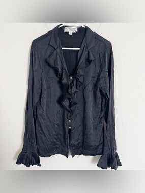St. John Black Ruffle Front silk gold button Blouse